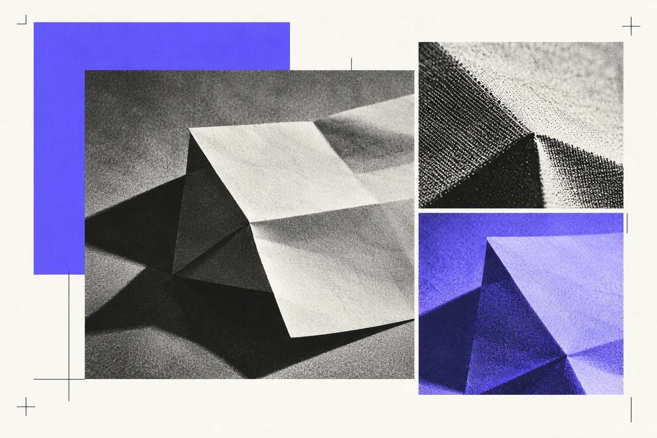 Editorial collage of folded paper, shown in black-and-white crops and a violet duotone variation.