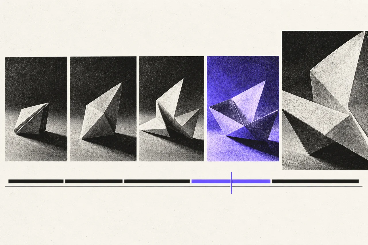Five consecutive frames of an unfolding paper form, aligned above a black and violet editing timeline.